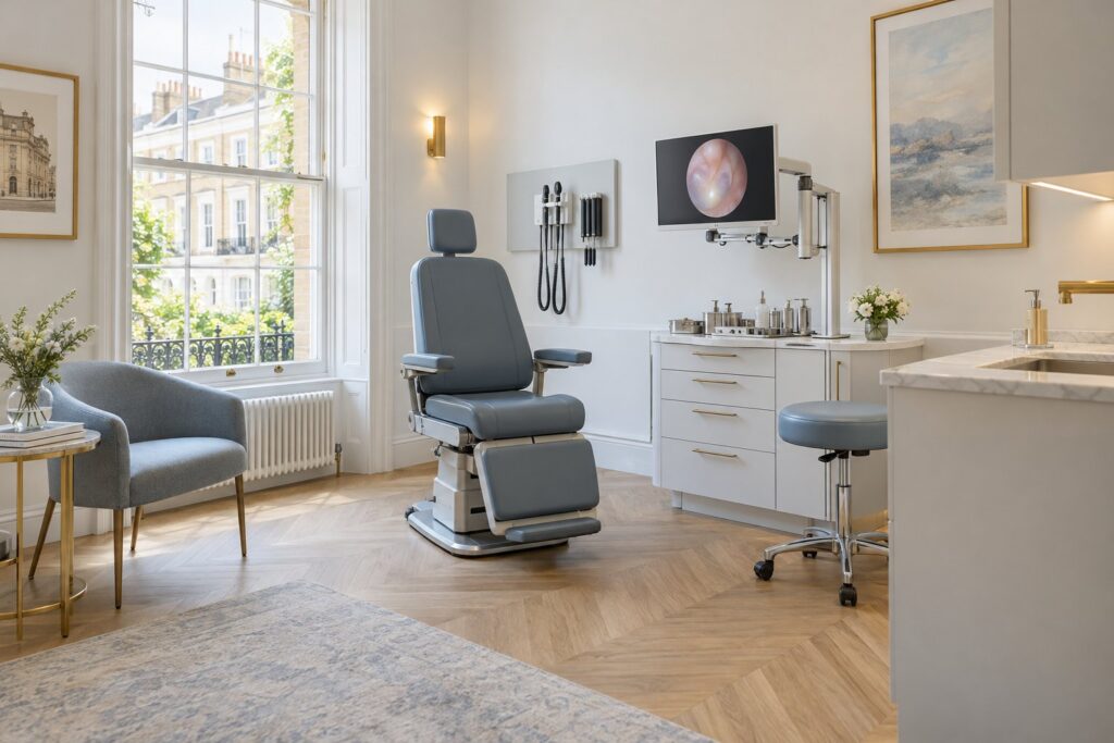 ENT consultation room with examination chair and diagnostic equipment